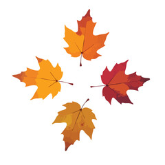 Fototapeta premium Four autumn leaves in various shades of red, orange, and yellow are arranged in a geometric pattern against a white background Perfect for seasonal designs and decorations.
