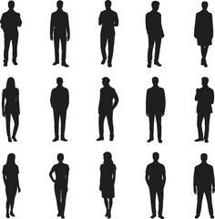 Silhouettes of people standing in various poses, casual stances, body language, isolated black figures, white background, grid arrangement, diverse human postures