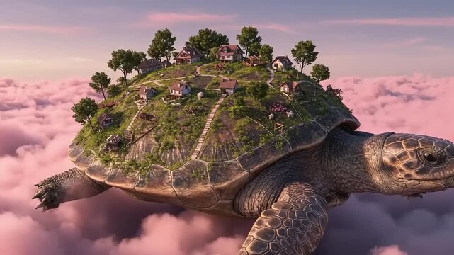 Giant turtle carrying a village on its shell in clouds