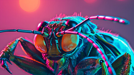 Vibrant closeup of a colorful insect with intricate details and bright lighting