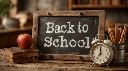 Chalkboard with “Back to School” text surrounded by school supplies including pencils, alarm clock, books, papers, apple, coffee mugs, and colored pencils on wooden table
