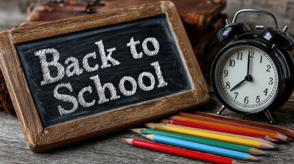 Chalkboard with “Back to School” text, surrounded by colorful pencils and a red alarm clock on dark gray background, clean and simple educational concept