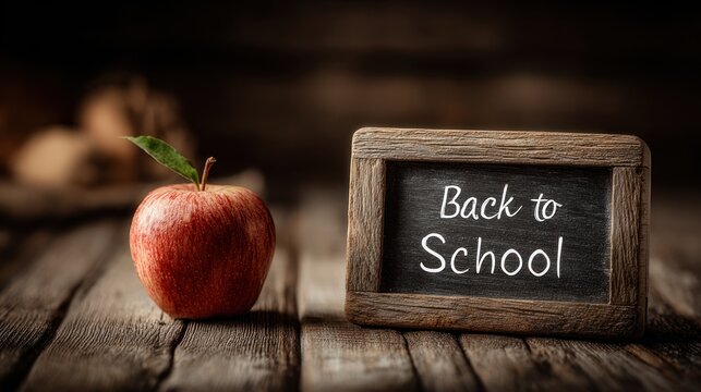 Chalkboard with “Back to School” text surrounded by school supplies including pencils, alarm clock, books, papers, apple, coffee mugs, and colored pencils on wooden table