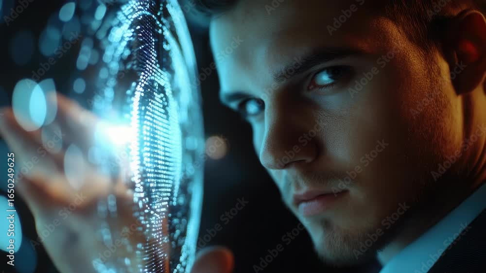 Aufkleber man in futuristic setting using computer interface