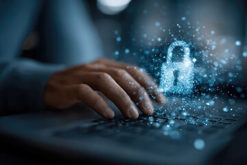 Person typing on laptop, digital lock graphic