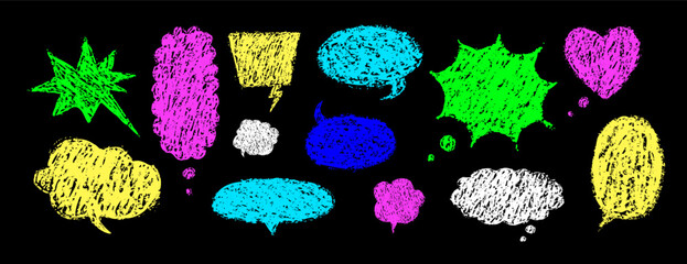 Crayons speech bubbles. Set of crayon comic frames in hand drawn style. Grunge texture. Neon Childish Vector illustration isolated on black background.