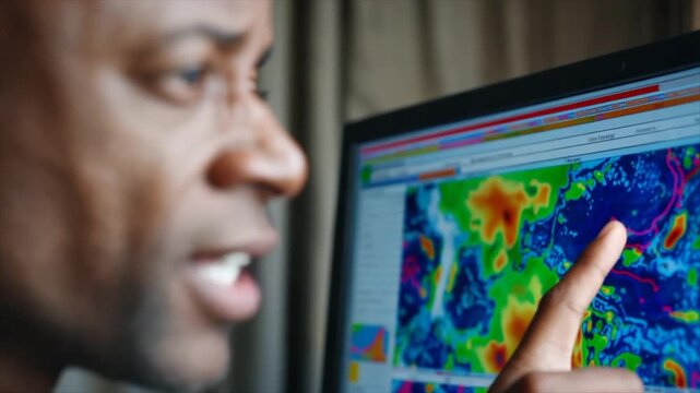 An African American man with weather patterns on his computer screen behind him