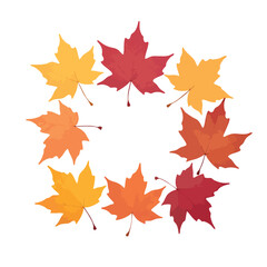 Fototapeta premium Colorful maple leaves form a circular frame against a clean white background, evoking a seasonal autumn mood Ideal for decorative fall-themed projects.