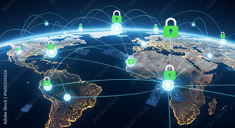 Poster global network security with green padlock icons over earth continents and connecting lines visible 