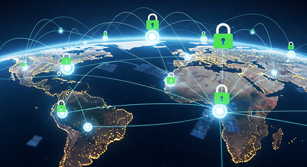 Global network security with green padlock icons over earth continents and connecting lines visible ai generated
