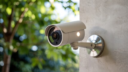 Modern outdoor security camera mounted on a textured wall with blurred green foliage in the background providing surveillance