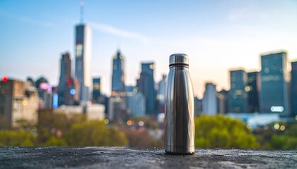A stainless steel water bottle sits in front of a blurred city skyline.