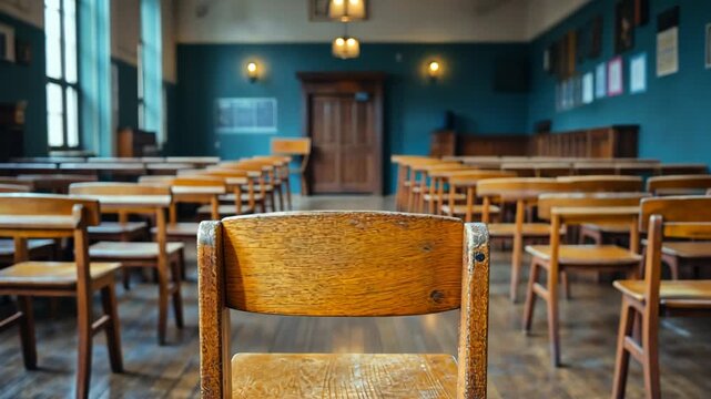 Empty classroom with wooden desks and chairs in a cozy educational space