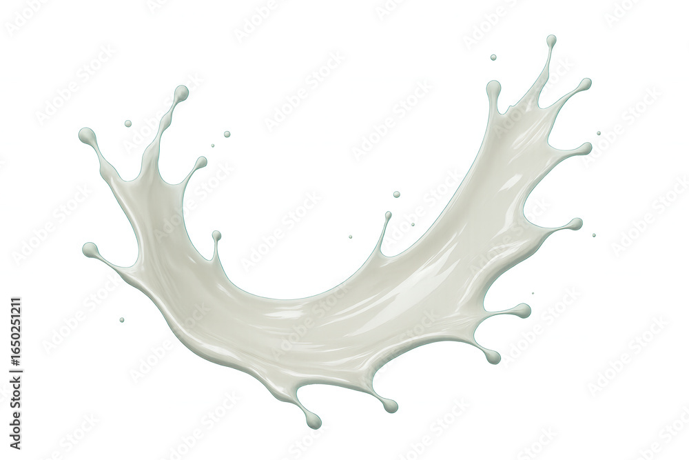 Poster creamy milk splashing upward, arching dynamically with translucent liquid movement against clean bac