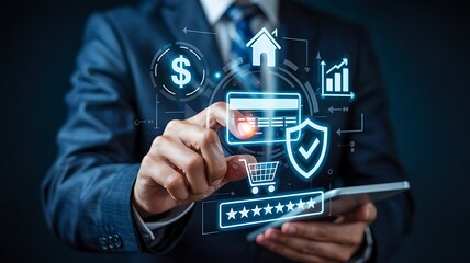 Businessman interacting with a holographic interface displaying financial icons and security features on a digital tablet screen