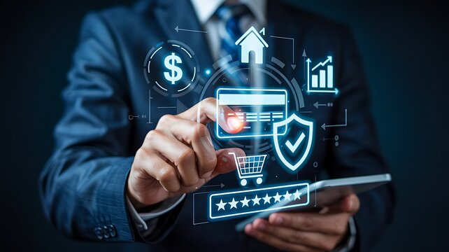 Businessman interacting with a holographic interface displaying financial icons and security features on a digital tablet screen