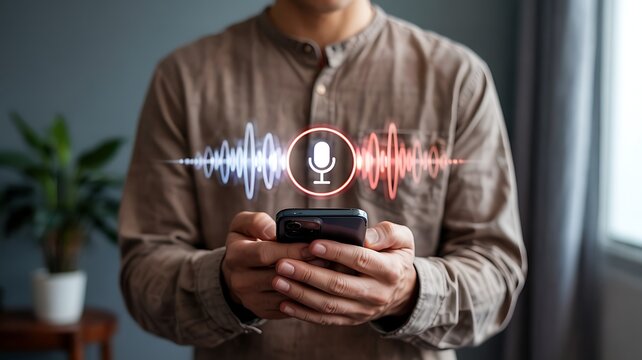 Person holding smartphone with glowing microphone icon and sound wave visualization representing voice command technology