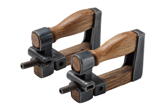 Two ornate drawer pulls.  Dark gray metal frames with light brown wood handles, a mix of textures.  Square, sculpted form