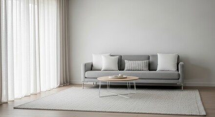 Serene Minimalist Living Room with a Grey Sofa, Sheer Curtains, and Soft Window Light.