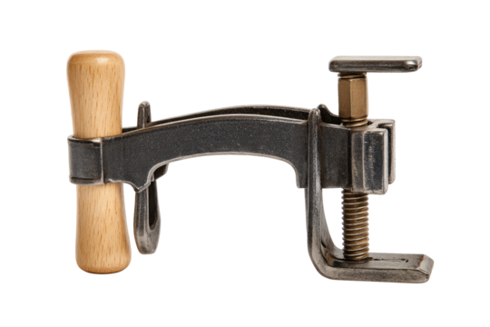 Vintage metal clamp with wooden handle.  Industrial,  robust,  tool.  Dark gray,  aged metal.  Two handles,  one wooden,  one metal.  Simple design,  functional