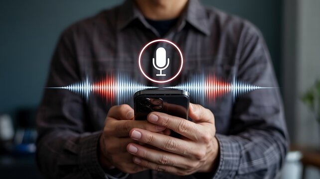 Person holding smartphone with glowing microphone icon and sound wave visualization representing voice command technology and digital communication - Powered by Adobe