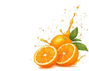 Vivid watercolor illustration features ripe oranges. One halved, showing pulp, while another whole, with juice splashing outwards and leaves, all on white