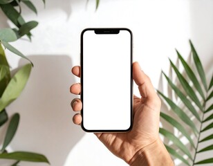 Hand Holding Smartphone with Blank Screen Surrounded by Tropical Plants.