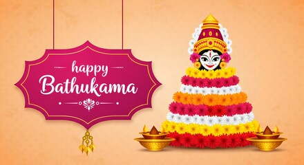 Happy bathukamma festival celebration with floral arrangement and diyas, a traditional indian cultural event