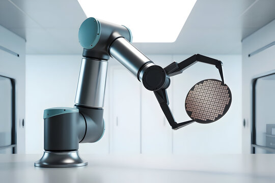 Advanced robotic arm precisely handles silicon wafer for semiconductor manufacturing in a cleanroom environment