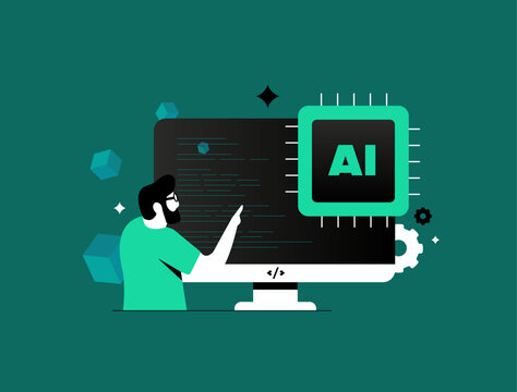 AI Development with programmer working on computer code and artificial intelligence chip, data processing elements symbolizing innovation. Ai vibe coding process business technology illustration