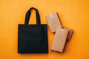 black reusable tote bag folded near packaging on orange background.