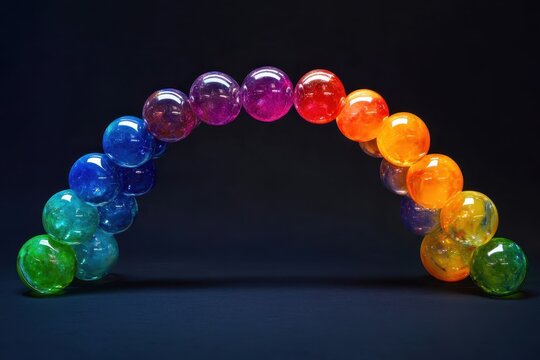 colorful marbles arranged in parabolic arch on dark background.