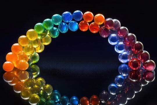 colorful marbles arranged in parabolic arch on dark background.