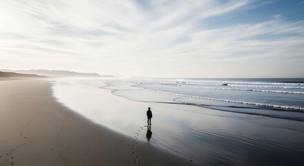 Silhouette of Person Walking on Vast Beach with Ocean Waves and Distant Mountains