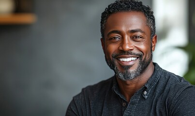 Fototapeta premium Close-up of a happy man with a wide smile. Dark-skinned man with graying hair and a short, textured haircut, smiling broadly. He wears a dark gray button-up shirt. Blurred background of a room