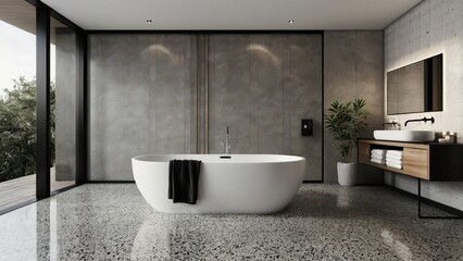Minimalist bathroom interior with a freestanding bathtub, marble walls, and a large window facing an outdoor garden