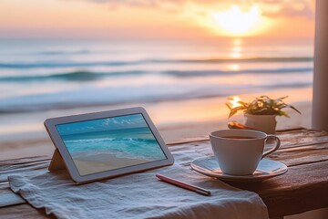 tablet and journal on linen desk mat with soft sunrise beach scene.