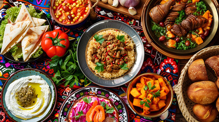 Delectable Middle Eastern feast of grilled meat and fresh sides for a vibrant party