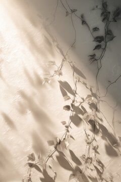 Delicate vine shadows on textured surface, romantic organic background for wedding invitations, floral marketing, nature-inspired home decor