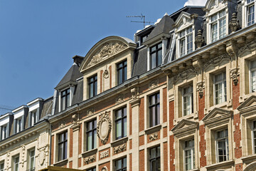 window decorations, with pediments curved,  triangular, adorned with cartouches, garlands, in the Flemish Renaissance style. of the Old Stock Exchange in Lille, France.