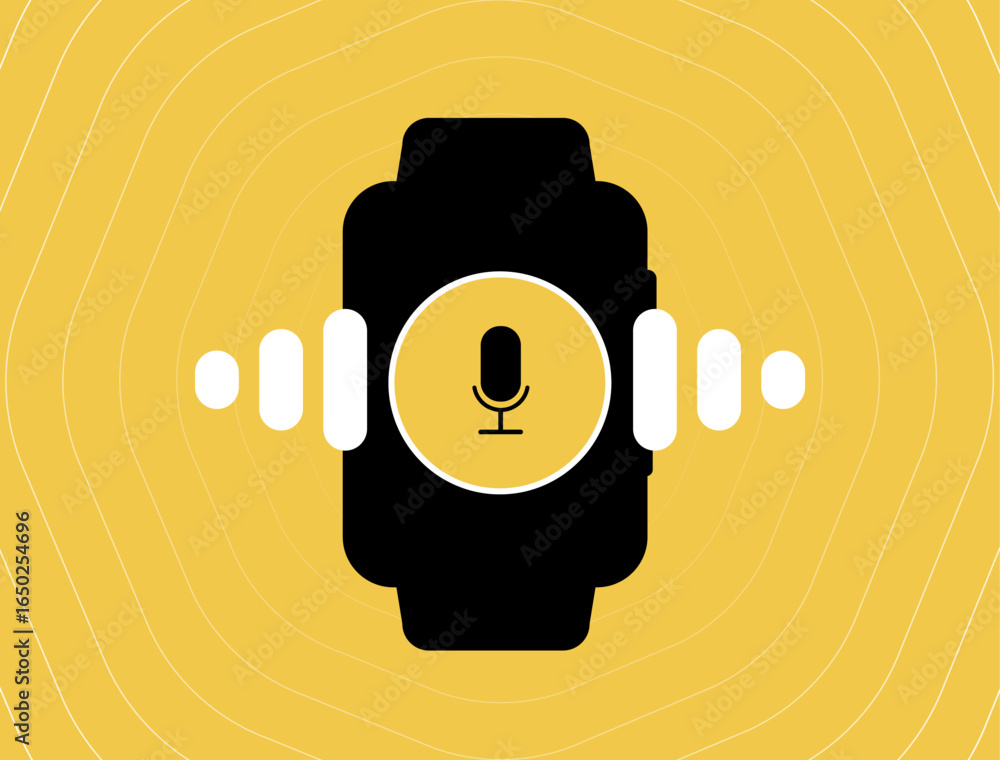 Poster voice assistant concept with smartwatch interface and microphone icon. modern wearable technology, d