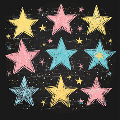 Set of Design Elements Compositions of Stars Isolated on Blackboard. Children's Chalk Drawn Sketch