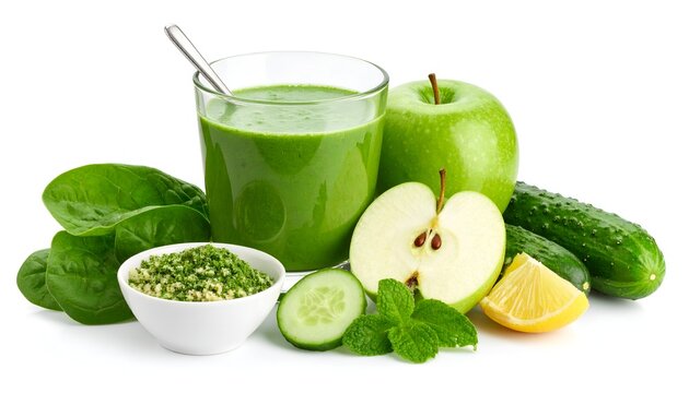 Glass green smoothie and spinach, cucumber, apple, tablespoon bowl lemon juice, grated ginger. Detailed high quality image. 