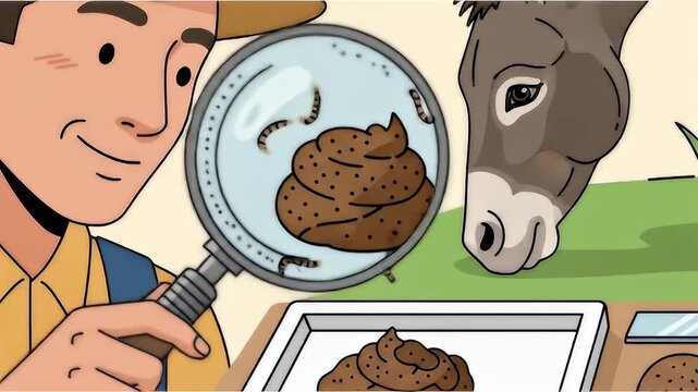 Farmer deeply inspecting animal parasites in dung with magnifying glass for research study