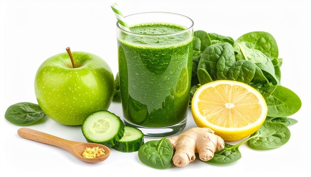 Glass green smoothie and spinach, cucumber, apple, tablespoon bowl lemon juice, grated ginger. Detailed high quality image. 