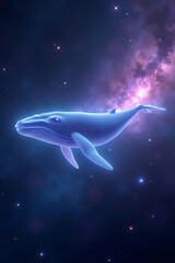 Fototapeta premium A stylized, glowing blue whale in a vibrant, starry space background.
