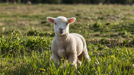 Fototapeta premium White lamb in field in front Portrait of a lamb green grass and landscape background,