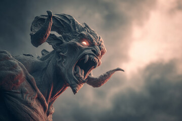 Fierce demon with glowing eyes and sharp horns, emerging from dark clouds, embodies powerful and terrifying presence