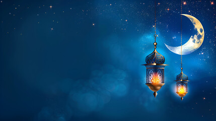 Ramadan lanterns glow warmly under crescent moon and starry night sky backdrop