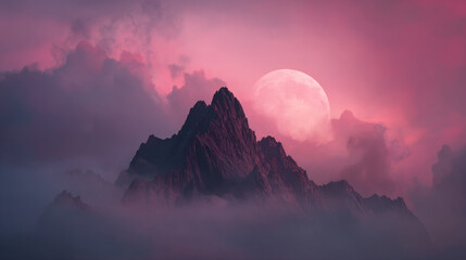 Majestic mountain peak silhouetted against pink moon, surrounded by soft clouds, creating serene and mystical atmosphere